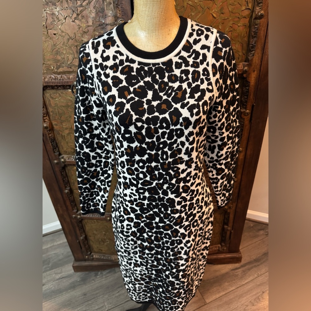 A.L.C. Black and White Animal Print‎ Long Sleeve Dress L